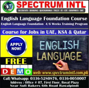 English Language Course, CIT Course, DIT Course in Rawalpindi Islamabad at Spectrum Institute of Technology 6th Road Rawalpindi, Office #7, 1st Floor Royal Plaza 6th Road Rawalpindi 03360050007, 03365280876