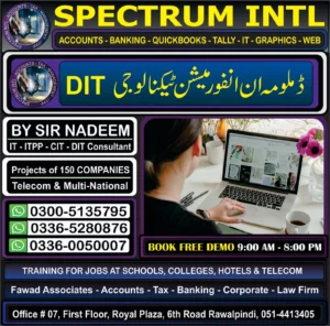 Documents Controller Course, DIT Courses, IT Courses, Diploma in Accounting Course, Customer Relations Courses, Tally ERP/Tally Prime Course in Rawalpindi Islamabad at Spectrum Institute of Technology 6th Road Rawalpindi, Office #7, 1st Floor Royal Plaza 6th Road Rawalpindi 03360050007, 03365280876